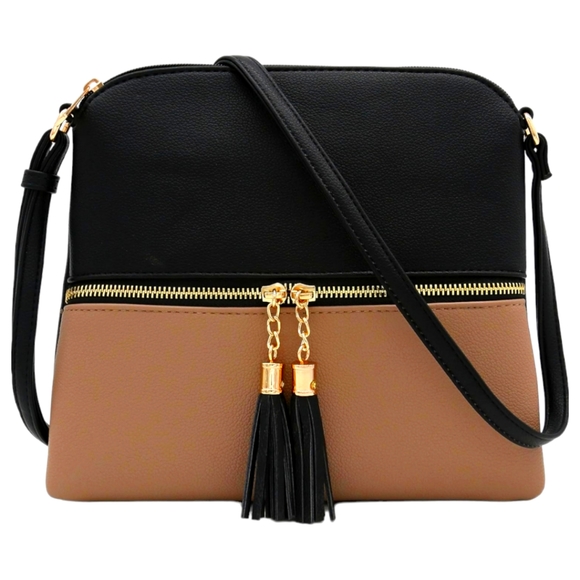 Handbags - HOLIDAY SALE!! Women's Lightweight Black and Tan Crossbody Bag with Tassels